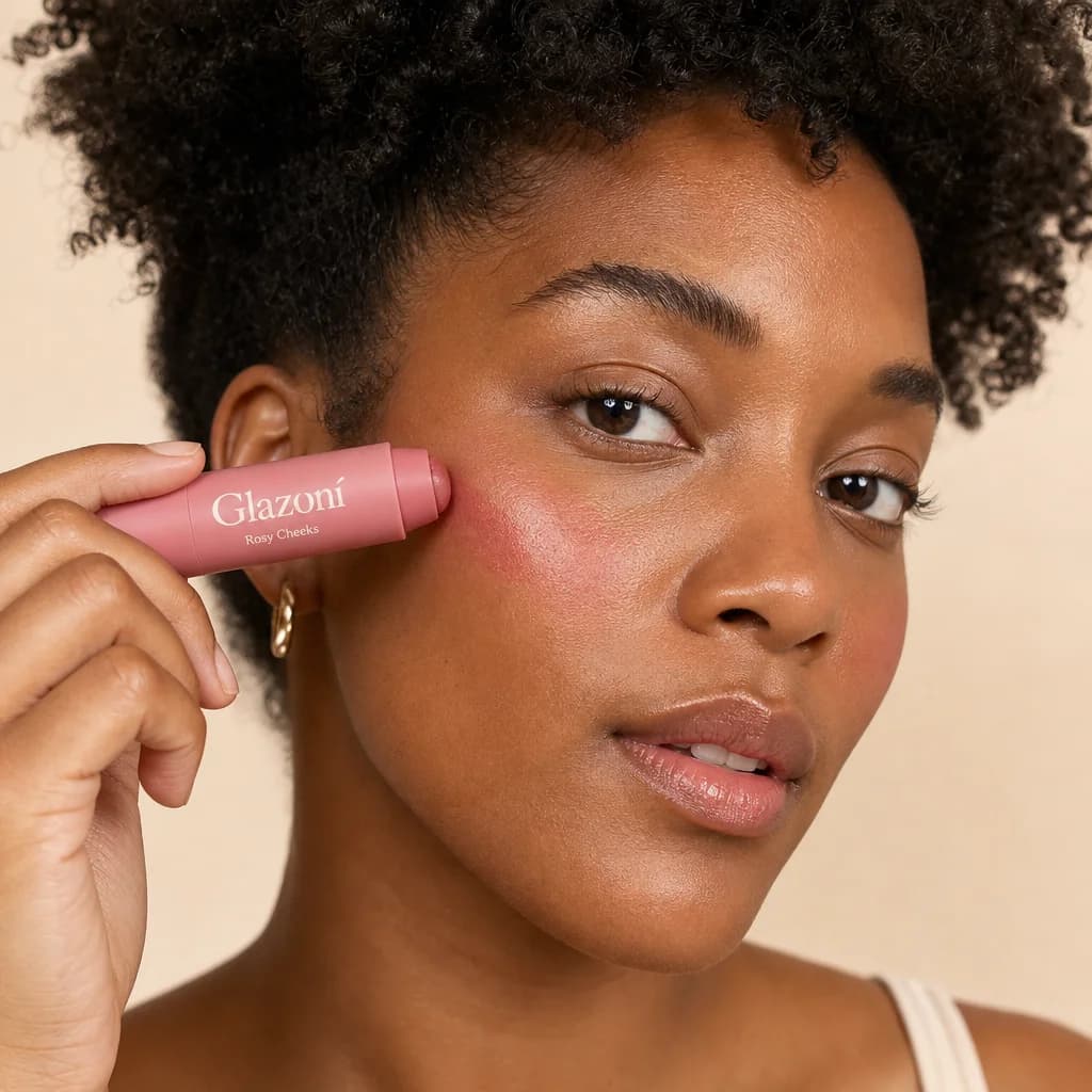Model applying Glazonī Cream Blush Stick